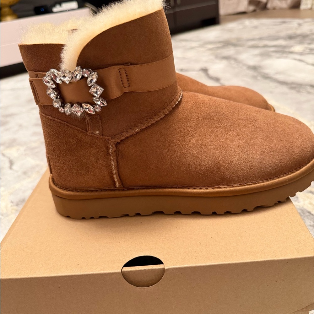 UGG Tan Suede Boots with Sparkling Brooch